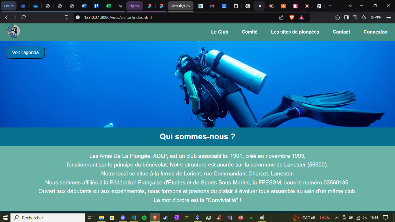 Homepage of the diving association website